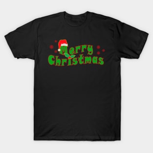 Merry Christmas with Santa Claus hat, snowflakes, holly berry T-Shirt